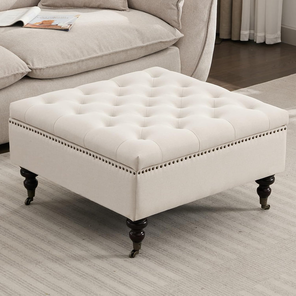 Large Square Storage Ottoman Uphlostered Tufted Button Coffee Table, Beige
