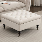 Large Square Storage Ottoman Uphlostered Tufted Button Coffee Table, Beige