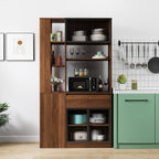 JOYSOURCE Tall Kitchen Hutch Cabinet with Side-Access Shelves & Drawer Freestanding Pantry Cabinet Large with Glass Door Cupboard for Kitchen, Dining Room with Microwave Countertop Walnut Finish