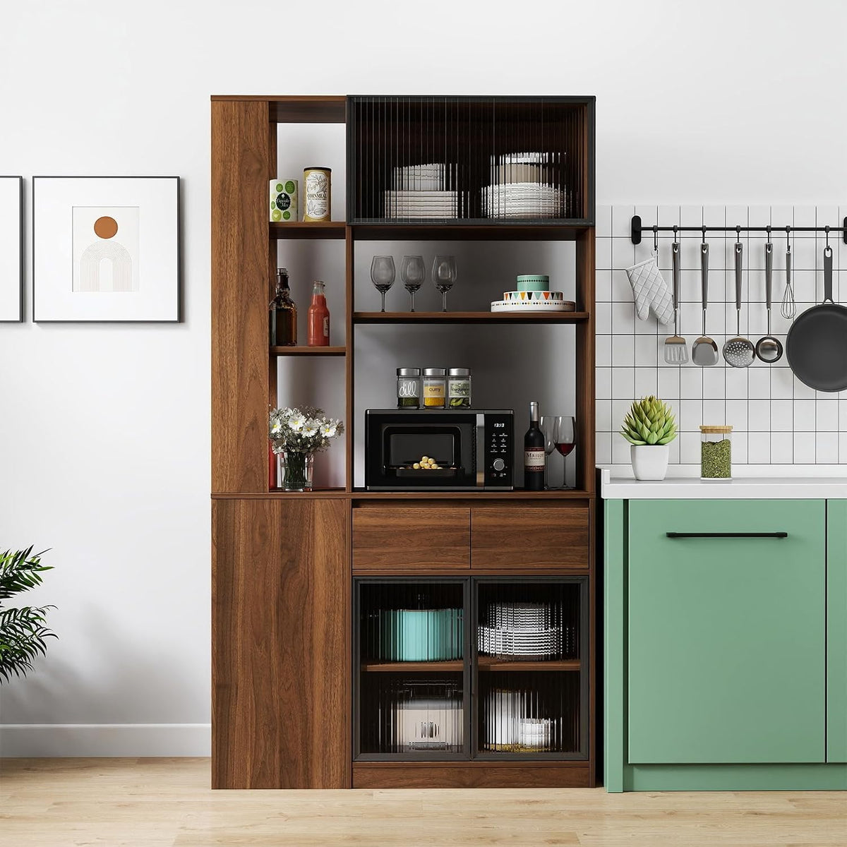 JOYSOURCE Tall Kitchen Hutch Cabinet with Side-Access Shelves & Drawer Freestanding Pantry Cabinet Large with Glass Door Cupboard for Kitchen, Dining Room with Microwave Countertop Walnut Finish