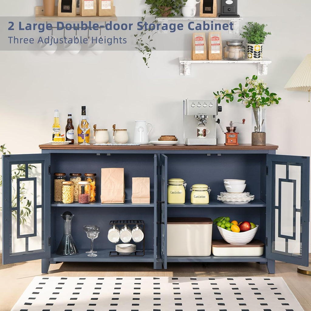 Joaxswe Large Sideboard Buffet Cabinet with Storage, 63" Farmhouse Navy Blue Kitchen Coffee Wine Bar Cabinet with 4 Glass Doors, Mid Century Modern Wood Side Board Table for Dining Room, Living Room