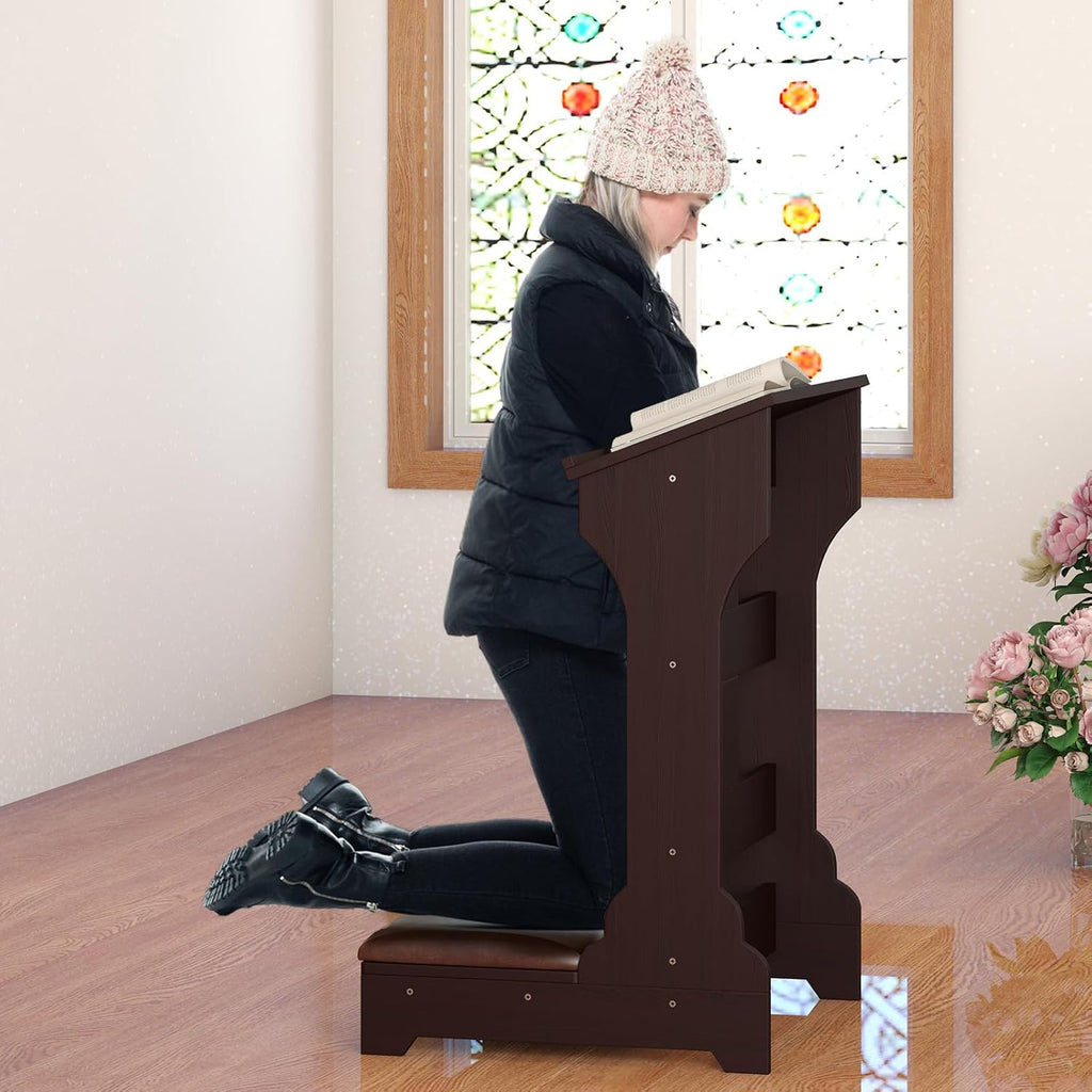 Prayer Kneeler, Wooden Prayer Bench Stool with Shelf and Cushion, Padded Kneeler Shelf for Kneeling at Home, Church Prayer Bench Stool Table