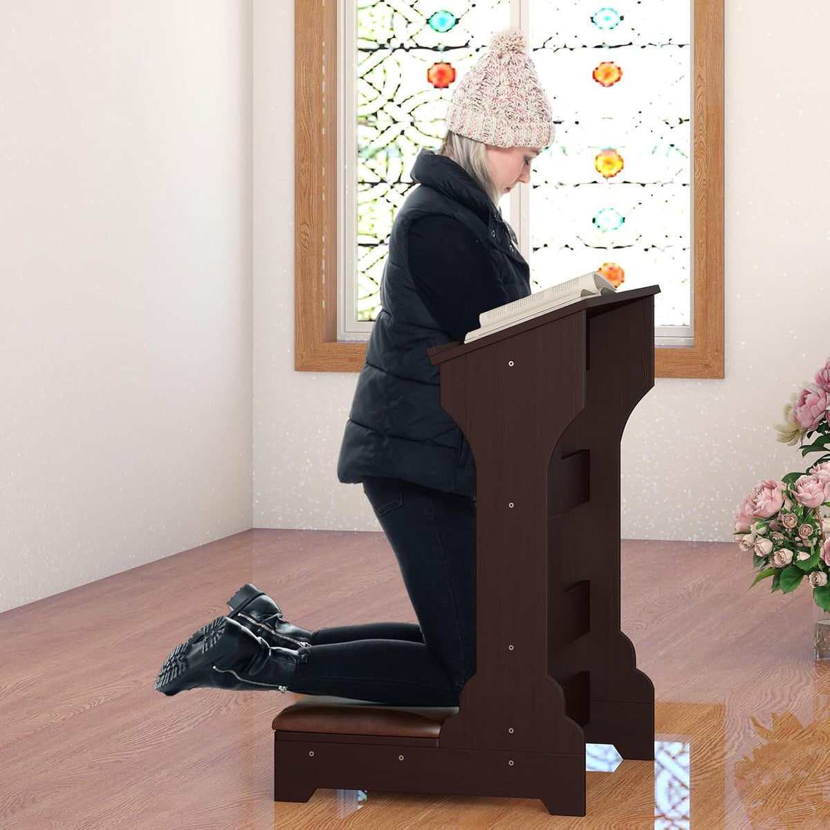 Prayer Kneeler, Wooden Prayer Bench Stool with Shelf and Cushion, Padded Kneeler Shelf for Kneeling at Home, Church Prayer Bench Stool Table