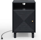 RoyalCraft Black Nightstand with Charging Station, End Table with Storage | Mid-Century Modern End Table for Living Room, Side Table with Solid Wood Legs, Bedside Table for Bedroom, Entryway