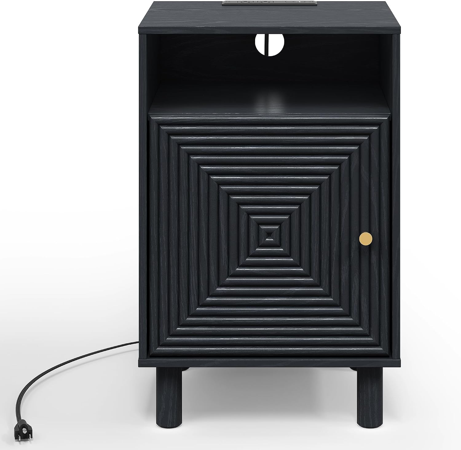 RoyalCraft Black Nightstand with Charging Station, End Table with Storage | Mid-Century Modern End Table for Living Room, Side Table with Solid Wood Legs, Bedside Table for Bedroom, Entryway