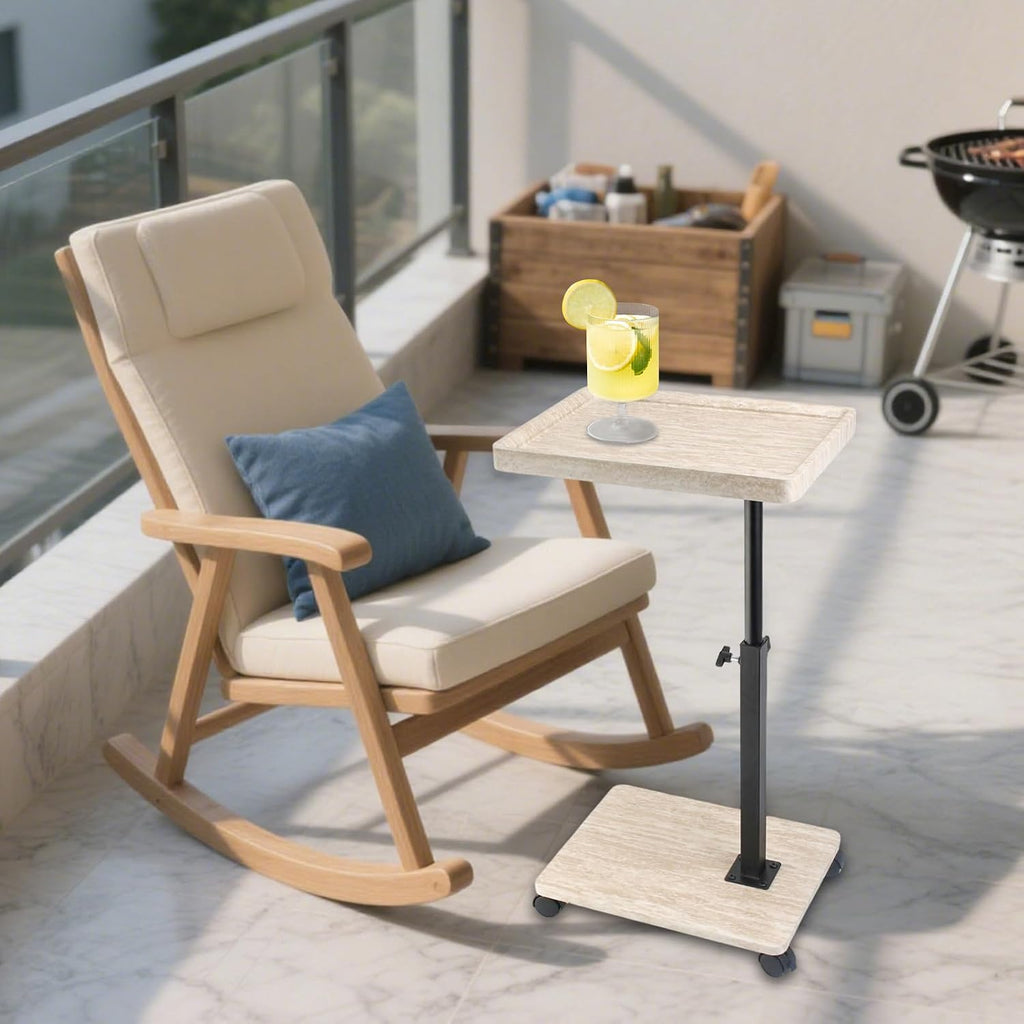 Simcat Adjustable Height C Shaped End Table, 360° Swivel Side Table TV Tray for Small Place, Couch Tables with Wheels Sofa, Bed, Chair (White Grain)