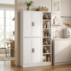holzart 63" Tall Kitchen Pantry Cabinet, Freestanding Dining Room Storage Hutch with 4 Doors and Adjustable Shelves, Modern Utility Cupboard for Coffee Bar and Microwave, White