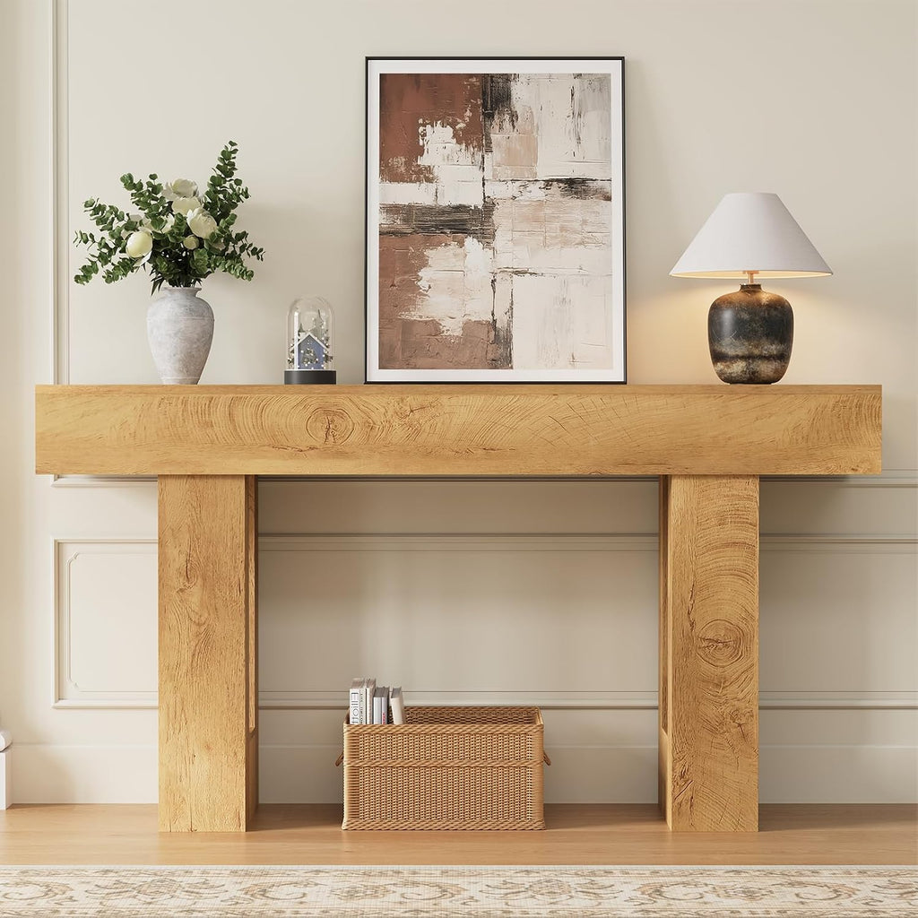 Airynee 63 Inches Long Console Table for Entryway with Drawers, Wooden Sofa Table Behind Couch, Industrial Entry Table for Living Room, Foyer, Hallway, Natural Oak