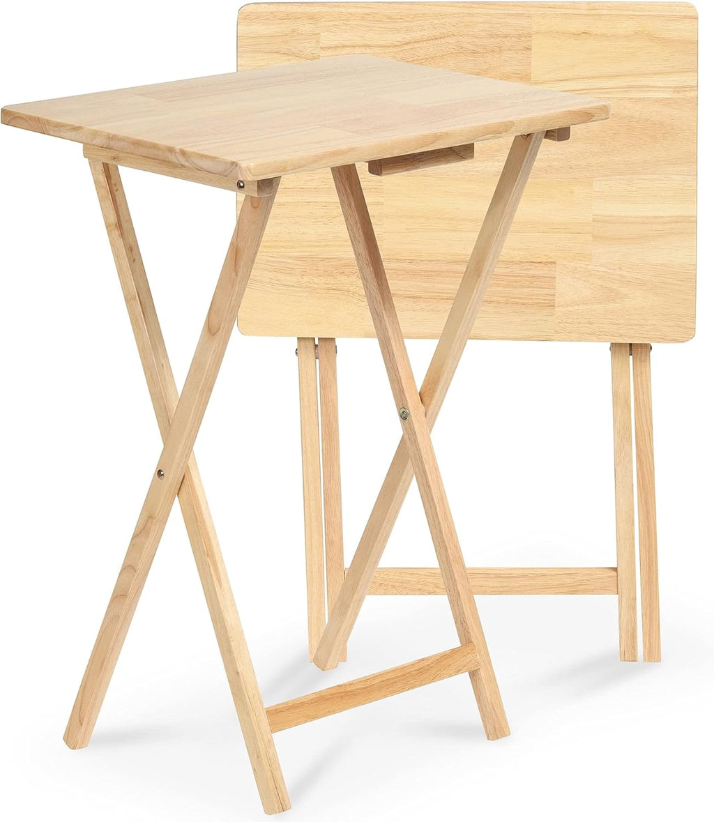 PJ Wood Folding TV Tray Tables, Natural Finish, 2-Piece Set | Solid Wood, 14.57x19.09x26 in, No Assembly Required, 12.7 kg Capacity, Rectangular Top, Indoor Use