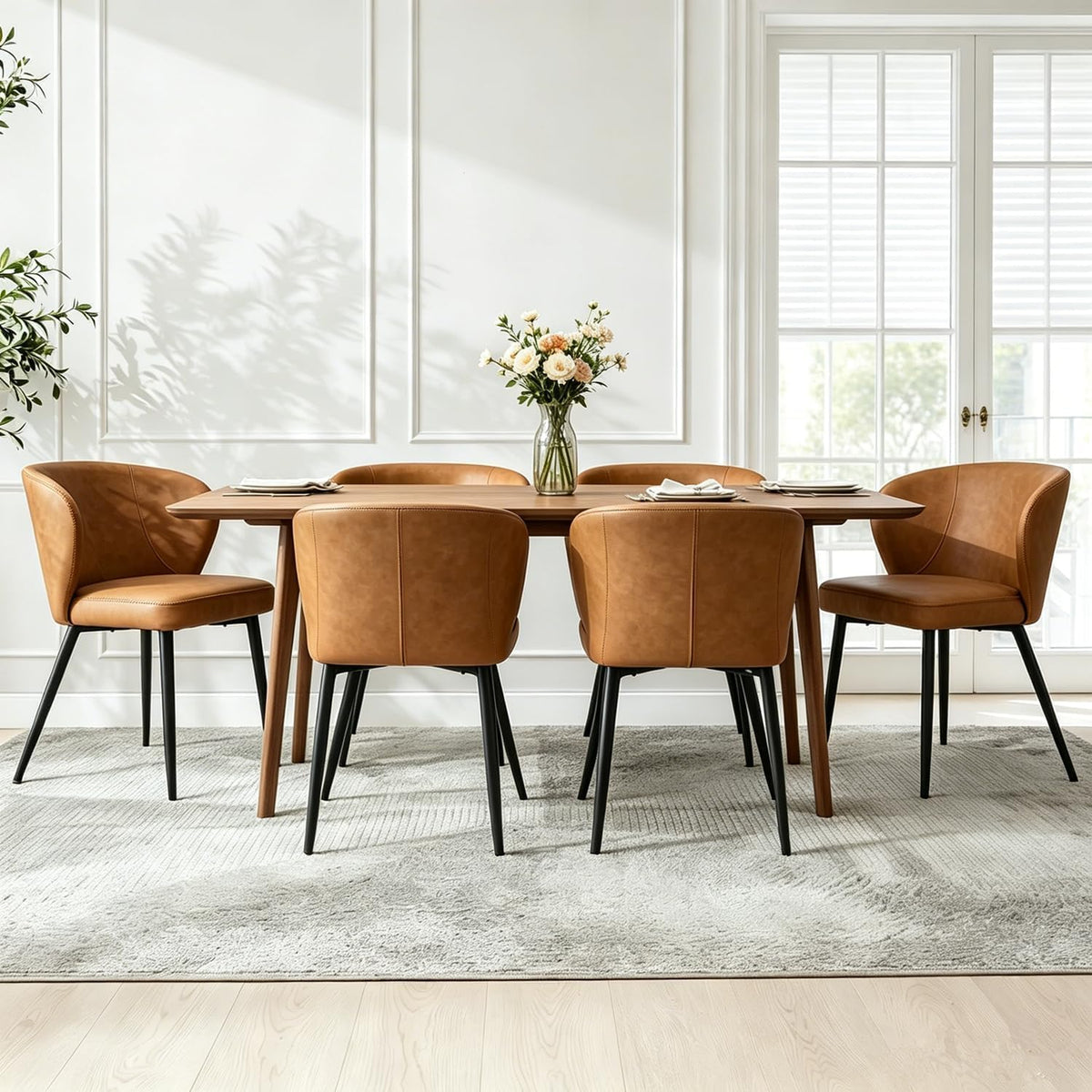 Dining Chairs Set of 2, Caramel Brown Mid-Century Modern Faux Leather Upholstered Chairs, Ergonomic Curved Backrest, Metal Legs, Easy-to-Clean for Kitchen, Dining Room, Living Room