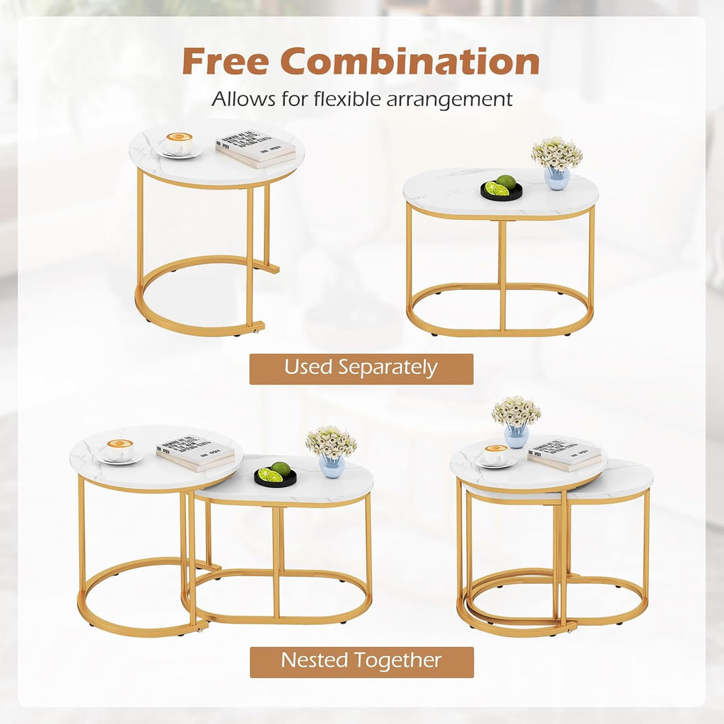 LDAILY Nesting Coffee Table Set with Marble-Look Top, 2-Piece | Golden Steel Frame, Easy Assembly, Accent Stacking Side Table, for Bedroom, Living Room, Apartment