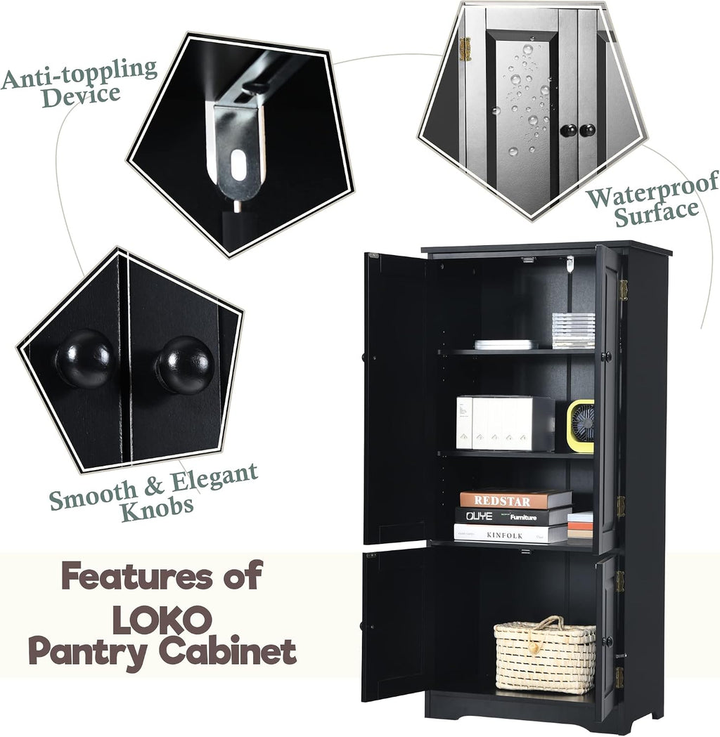 LOKO Kitchen Pantry Storage Cabinet, Modern Kitchen Cupboard with Adjustable Shelves and Anti-toppling Device, Multifunctional Floor Cabinet, 24 x 13 x 48.5 inches (Black)