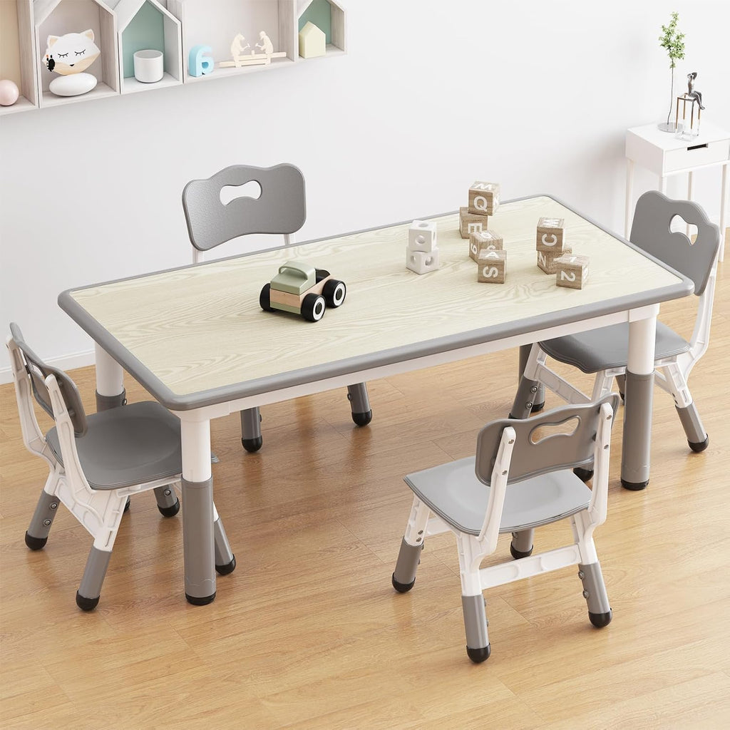Jojoka Kids Table and 4 Chairs Set, Adjustable Toddler Activity Table Set, Wipe-Clean Desktop, Non-Slip Legs, Height Adjustable Kids Furniture for Home, Preschool, Daycare, Ages 2-10-Gray