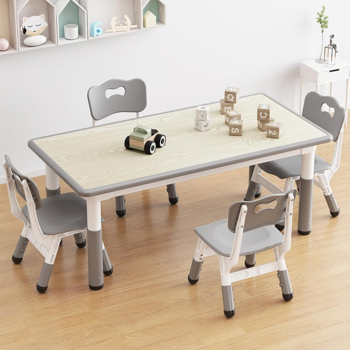 Jojoka Kids Table and 4 Chairs Set, Adjustable Toddler Activity Table Set, Wipe-Clean Desktop, Non-Slip Legs, Height Adjustable Kids Furniture for Home, Preschool, Daycare, Ages 2-10-Gray