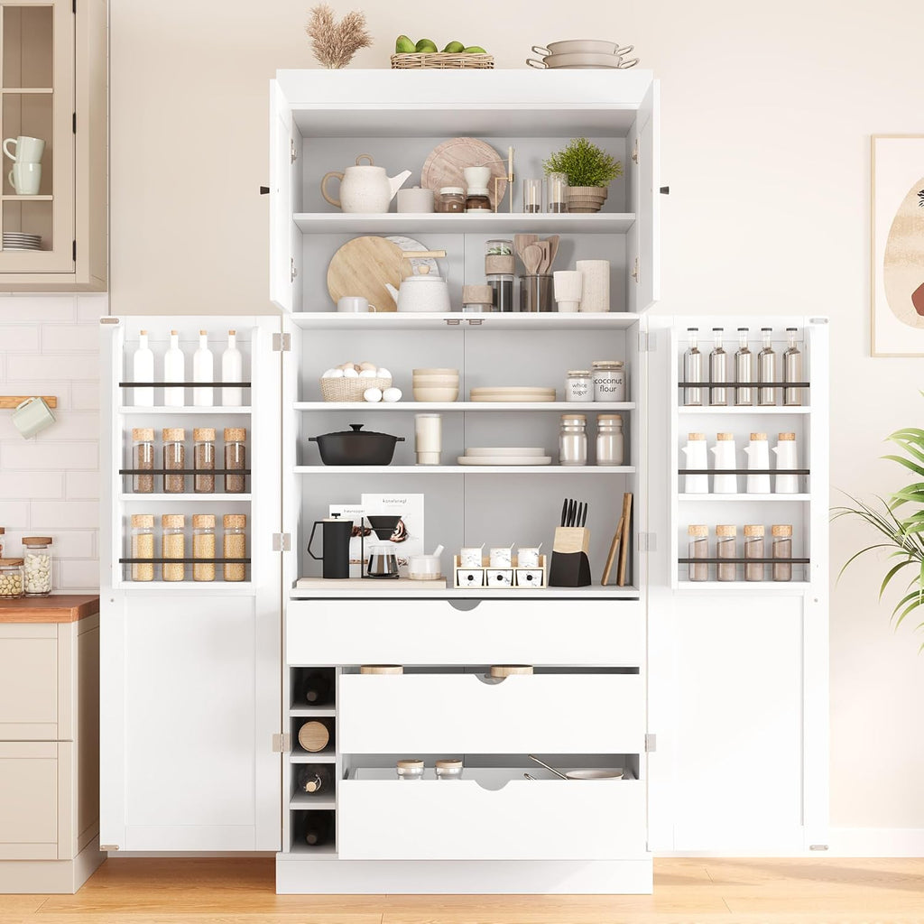 77 Inch Kitchen Pantry Cabinet with Wine Racks, White | White MDF, kitchen or dining room, adjustable shelves, wine racks, power outlet, door shelves, 35 in W, 77 in H