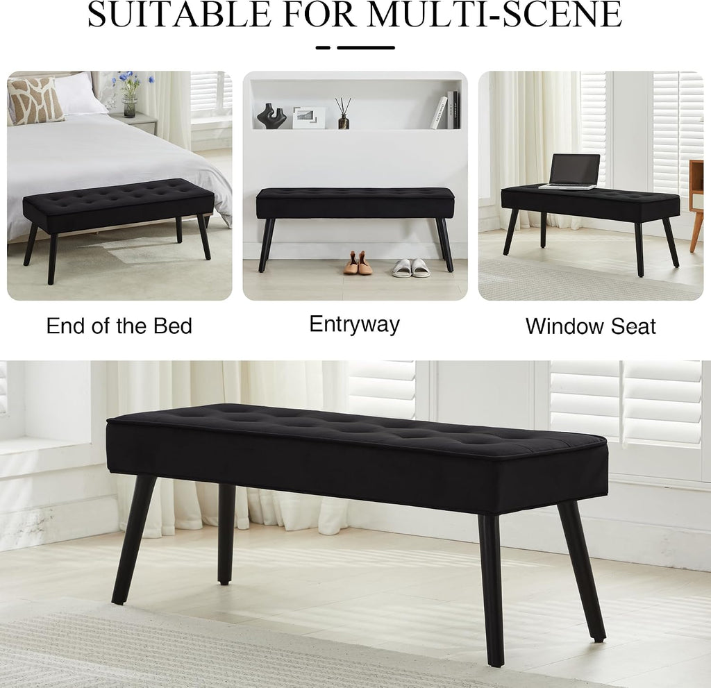LOULENS 44'' Velvet Entryway Bench, Modern Upholstered Buttons Tufted End of Bed Bench with Solid Wood Legs, Comfortable Bed Ottoman for Bedroom, Living Room, Entryway, Hallway, Black