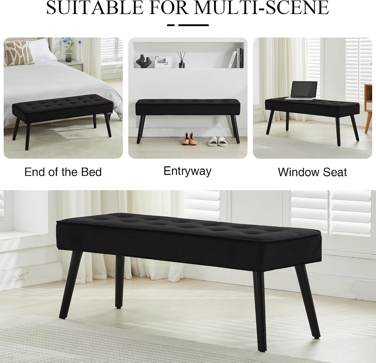 LOULENS 44'' Velvet Entryway Bench, Modern Upholstered Buttons Tufted End of Bed Bench with Solid Wood Legs, Comfortable Bed Ottoman for Bedroom, Living Room, Entryway, Hallway, Black