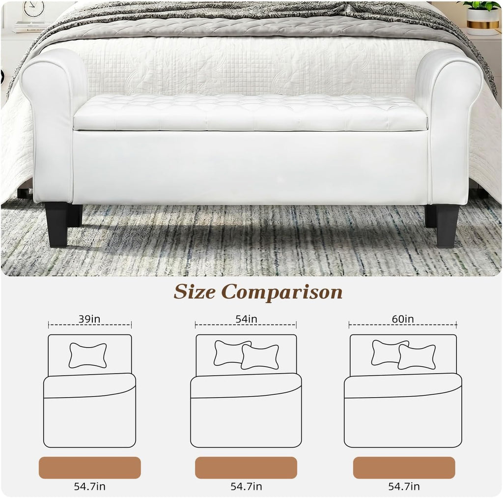 ECOTOUGE 55" Storage Ottoman Bench for Living Room, End of Bed Bench with Rolled Arm Leather Ottoman with Storage Upholstered Entryway Bench Retro Style Footboard Bench for Bedroom, Cream White