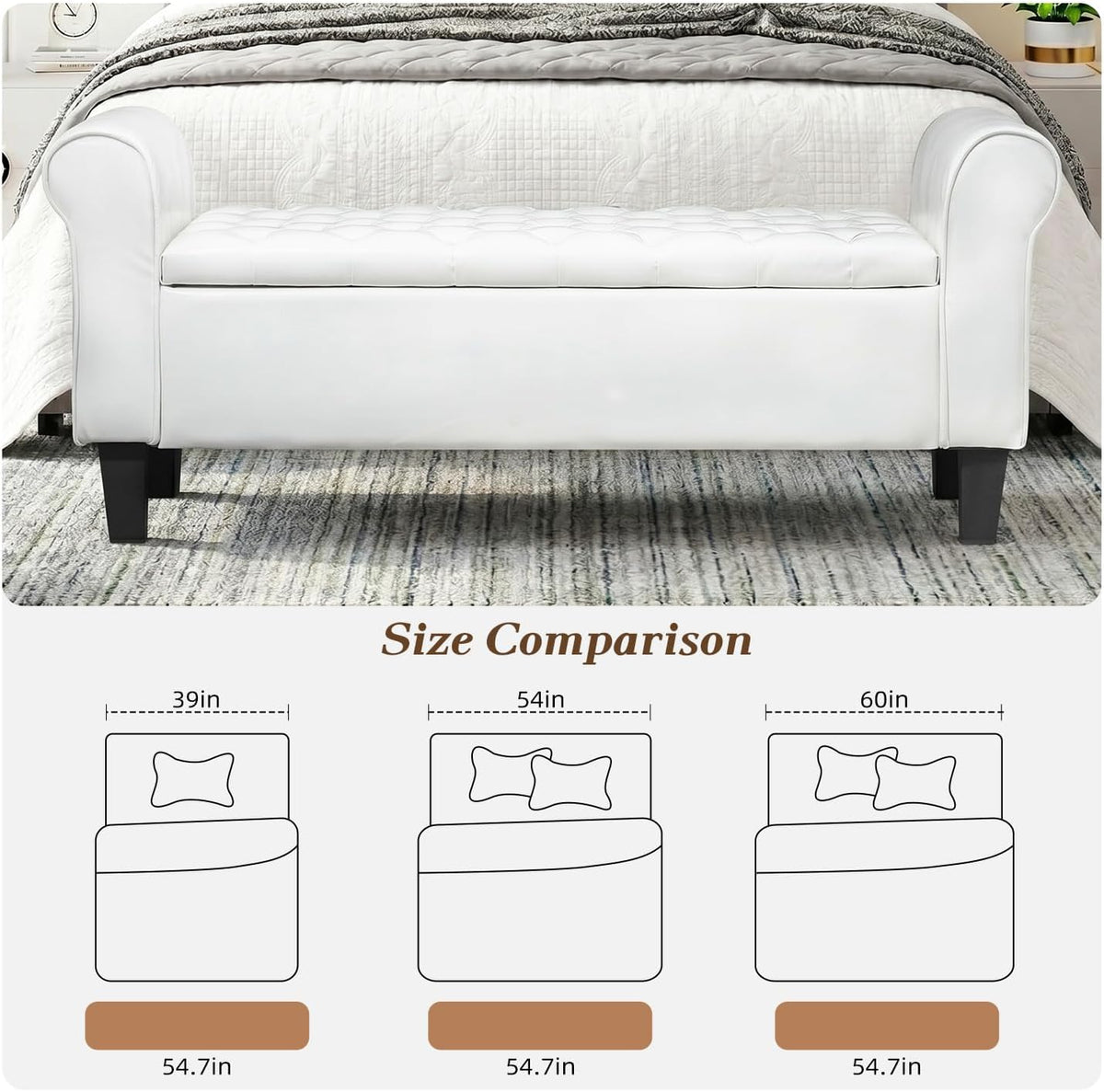 ECOTOUGE 55" Storage Ottoman Bench for Living Room, End of Bed Bench with Rolled Arm Leather Ottoman with Storage Upholstered Entryway Bench Retro Style Footboard Bench for Bedroom, Cream White