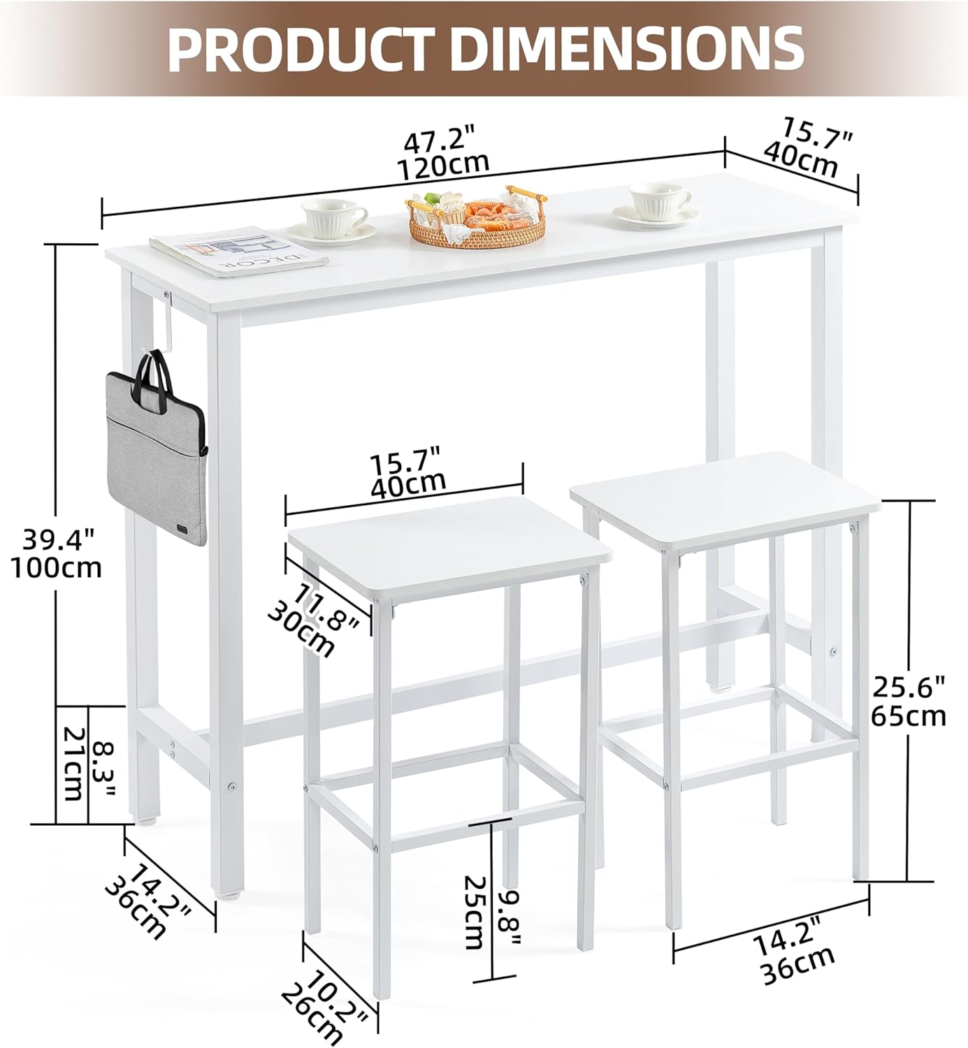 Finnhomy 47" Industrial Bar Table Set with 2 Stools - Counter Height Dining & Pub Table for Small Spaces, Kitchen, Apartment, Breakfast Nook - Metal & Wood, Space-Saving Furniture - White