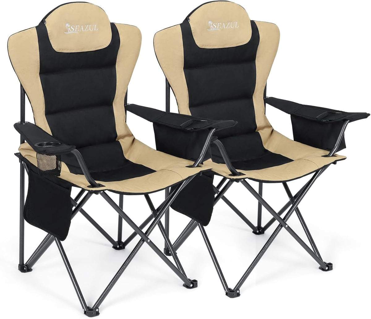 Camping Chairs for Adults, Heavy Duty Camping Chairs 2 Pack, Folding Chairs for Outside, Support 380 LBS, Portable Travel Outdoor Camp Chair with Cup Holder & Cooler Bag, Sports Chairs, Khaki