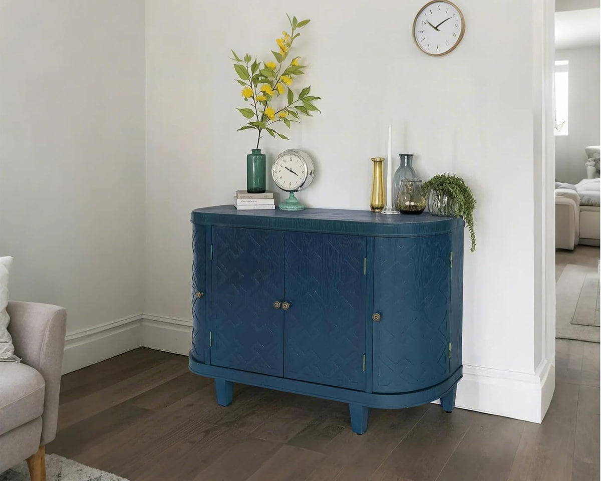 LKTART 47'' Buffet Sideboard Cabinet with Storage,Modern Curved Accent Accent Storage Cabinet Solid Wood Veneer for Living Room Kitchen Hallway(Blue)