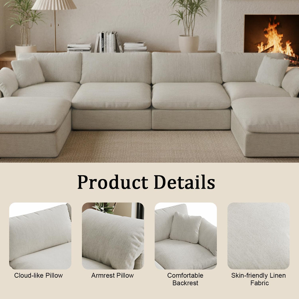 Modular Sectional Sofa Cloud Couch,Down Filled Comfy Cloud Modern Sofa,Light Beige Linen L Shape Oversized Couch Cushion Covers Removable Furniture for Living Room