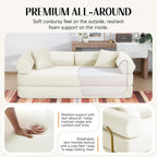 79" Corduroy Sofa Bed, Couch in a Box with 2 Pillows, High-Density Foam 4-in-1 Foldable Sleeper Futon Loveseat for Small Spaces, No Assembly, Side Pockets, Hex Arm White