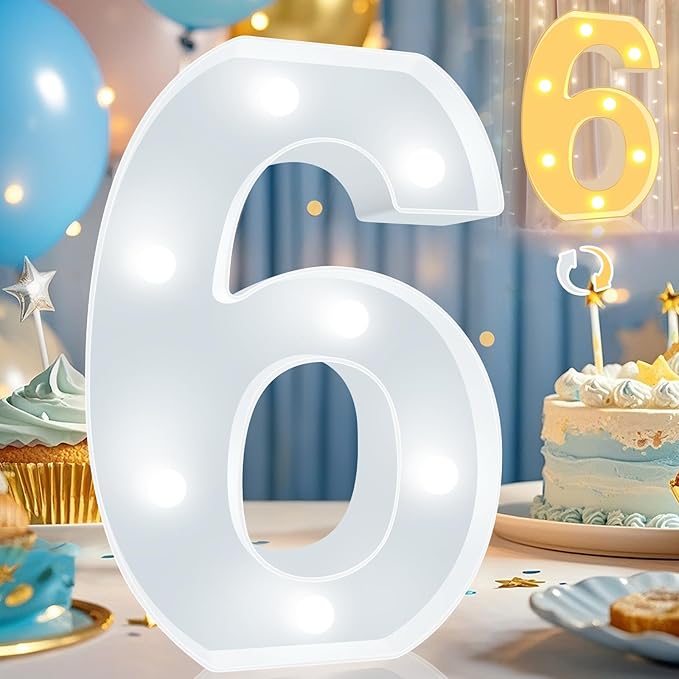 Pooqla LED Light Up Numbers, Warm White and Cool White Decorative Lighted Marquee Numbers, Light Up Numbers for Boys Girls Party, Wedding, Bar, Night Light, Room Decor, Birthday Decoration, Number 6
