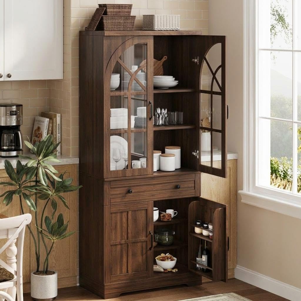 CABIHOME Farmhouse Pantry Cabinet,Freestanding Tall Wood Kitchen Storage with Tempered Glass Doors,Adjustable Shelves Multifunctional Organizer for Dining Room