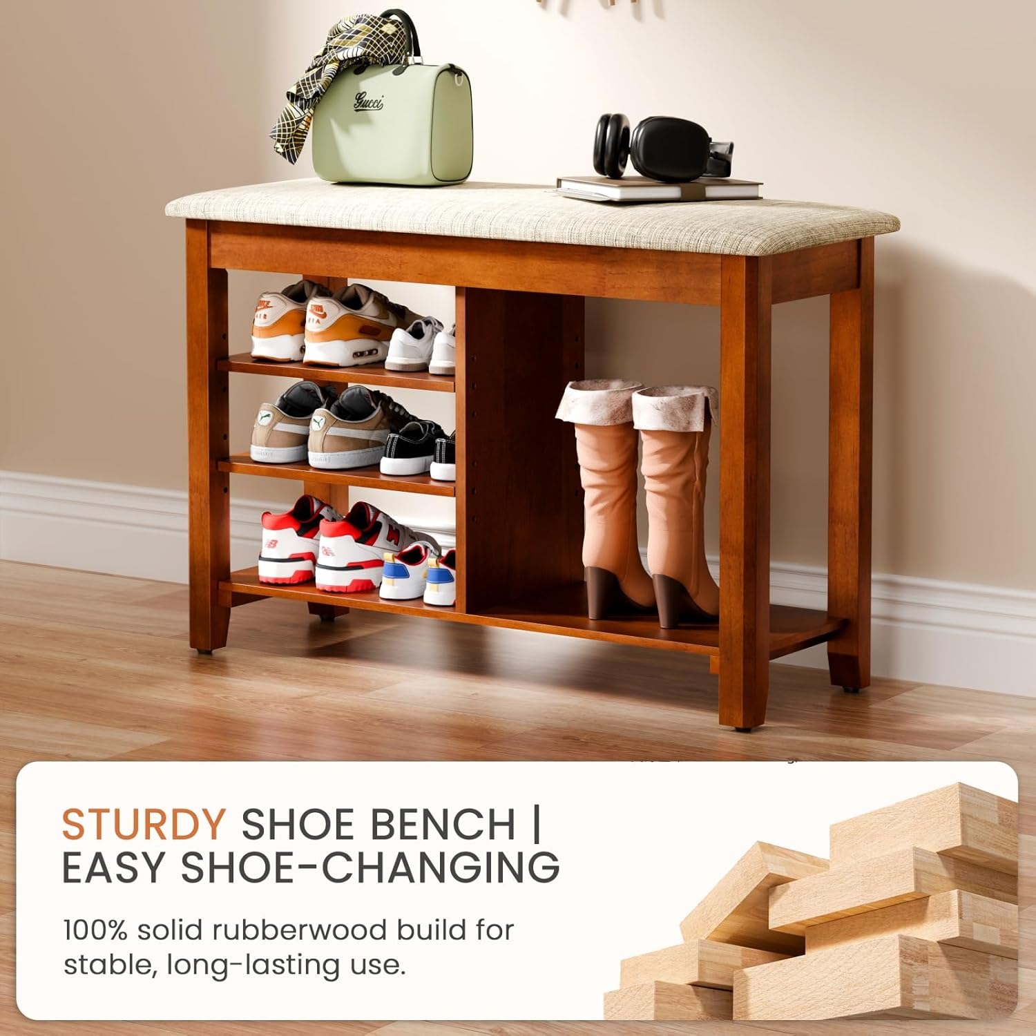 FAGAGA Shoe Rack Bench with Cushioned Seat, Solid Wood Entryway Bench with Flip-Top, Adjustable Shelf, Shoe Storage Bench for Hallway, Living Room, Mudroom (Beige, 31.5" L)