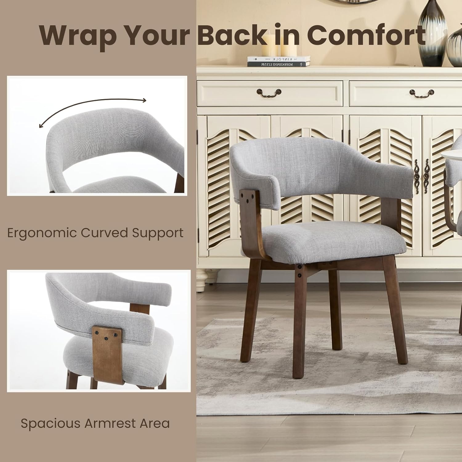 ROCITY Wooden Dining Chairs Set of 4 Modern Fabric Upholstered Dining Room Chairs with Curved Backrest and Walnut Legs for Kitchen,Living Room, Grey