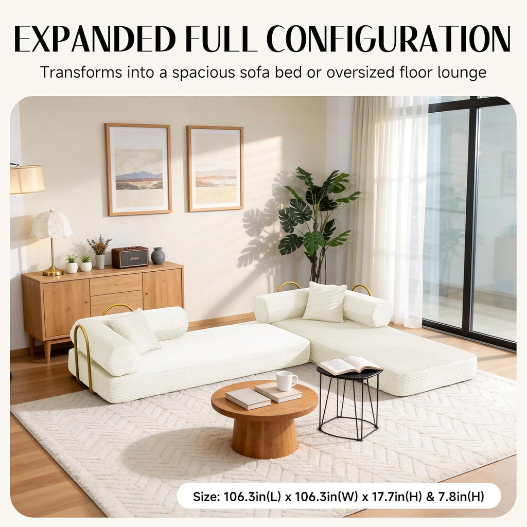 79" Corduroy Sofa Bed, Couch in a Box with 2 Pillows, High-Density Foam 4-in-1 Foldable Sleeper Futon Loveseat for Small Spaces, No Assembly, Side Pockets, Hex Arm White