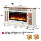 OKD 70" Farmhouse Fireplace TV Stand for 80 Inch TV, Antique White | 42" Crystal Fireplace, LED Lights, Storage Drawers, Glass Cabinets, Adjustable Shelves, Modern Highboy, for Living Room