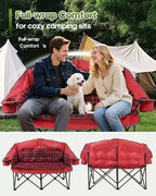 Double Camping Chair Padded Loveseat Camp Couch for Adults, Oversized 2 Person Love Seat with 2 in 1 Carry Bag, Heavy Duty Folding Outdoor Sofa with Cup Holders for Lawn Beach Tailgating, Red