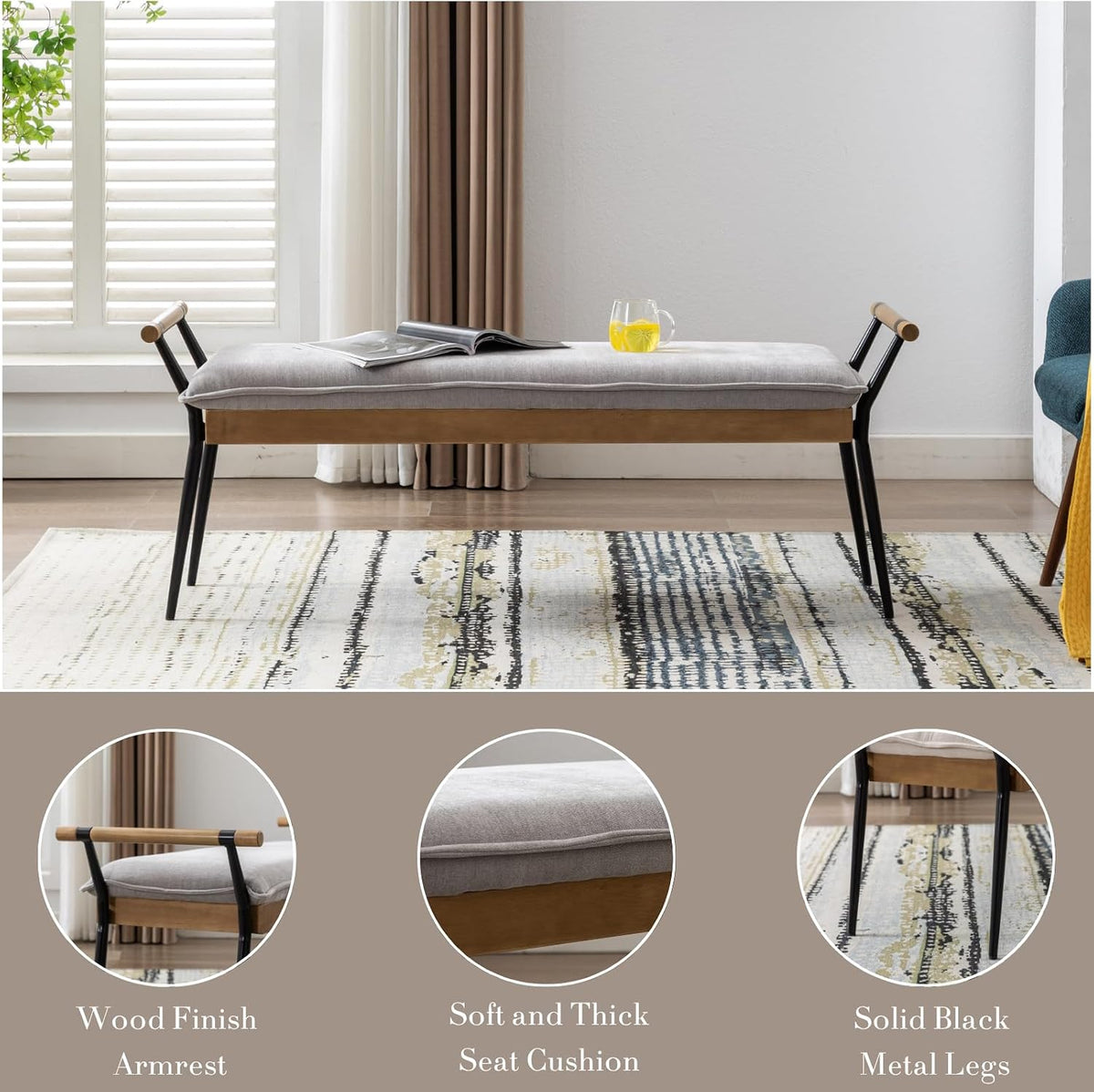 HEAH-YO Modern Dining Bench, 51 Inches Entryway Bench with Armrests, Upholstered Chenille Fabric End of Bench for Bedroom, Grey