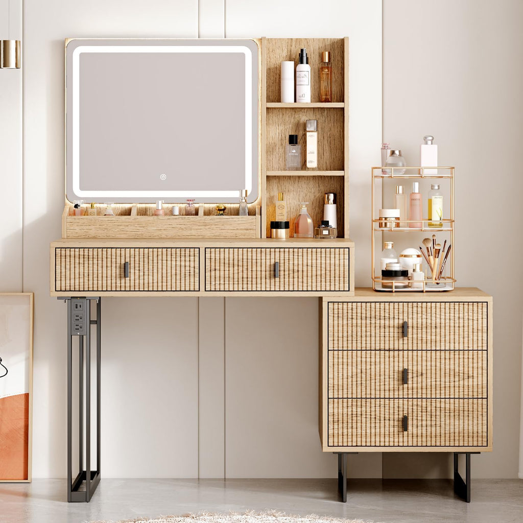 Large Vanity Desk with 3 Color Touch Screen Dimming Mirror, Vanity Desk with Charging Station, Modern Retractable Makeup Dressing Table, Makeup Table With storage shelves and 5 Sliding Drawers, Wood