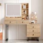 Large Vanity Desk with 3 Color Touch Screen Dimming Mirror, Vanity Desk with Charging Station, Modern Retractable Makeup Dressing Table, Makeup Table With storage shelves and 5 Sliding Drawers, Wood
