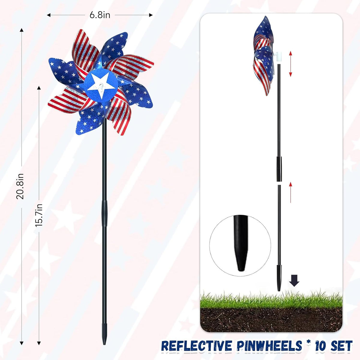 10 PCS Reflective Pinwheels for Yard and Garden Bird Devices Pre-Installed Sparkly Wind Spinner Deterrent to Scare Birds Away from Yard Patio Farm (Red&White&Blue)