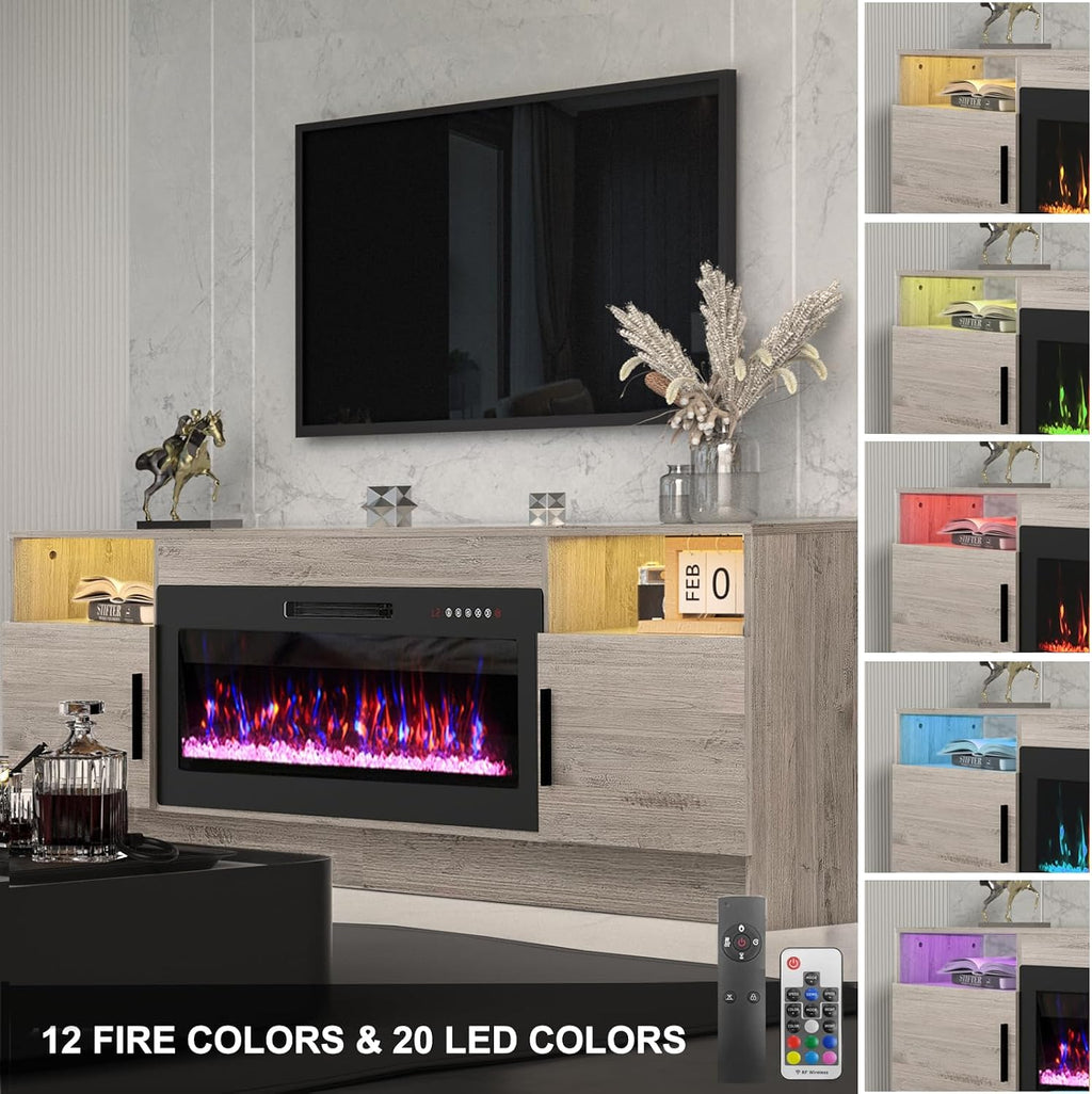 Kucreiheat Electric Fireplace TV Stand with Led Lights-42 Fireplace Entertainment Center for Up to 90 inch TV-Modern TV Console for Living Room with Storage Cabinet, Oak Grey