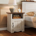 LINSY Farmhouse Night Stand Set of 2, 18.9” Wood End Table with Charging Station, Side Table for Bedroom, Living Room, Couch with USB Ports and Outlets, Nightstand with Storage, Beige
