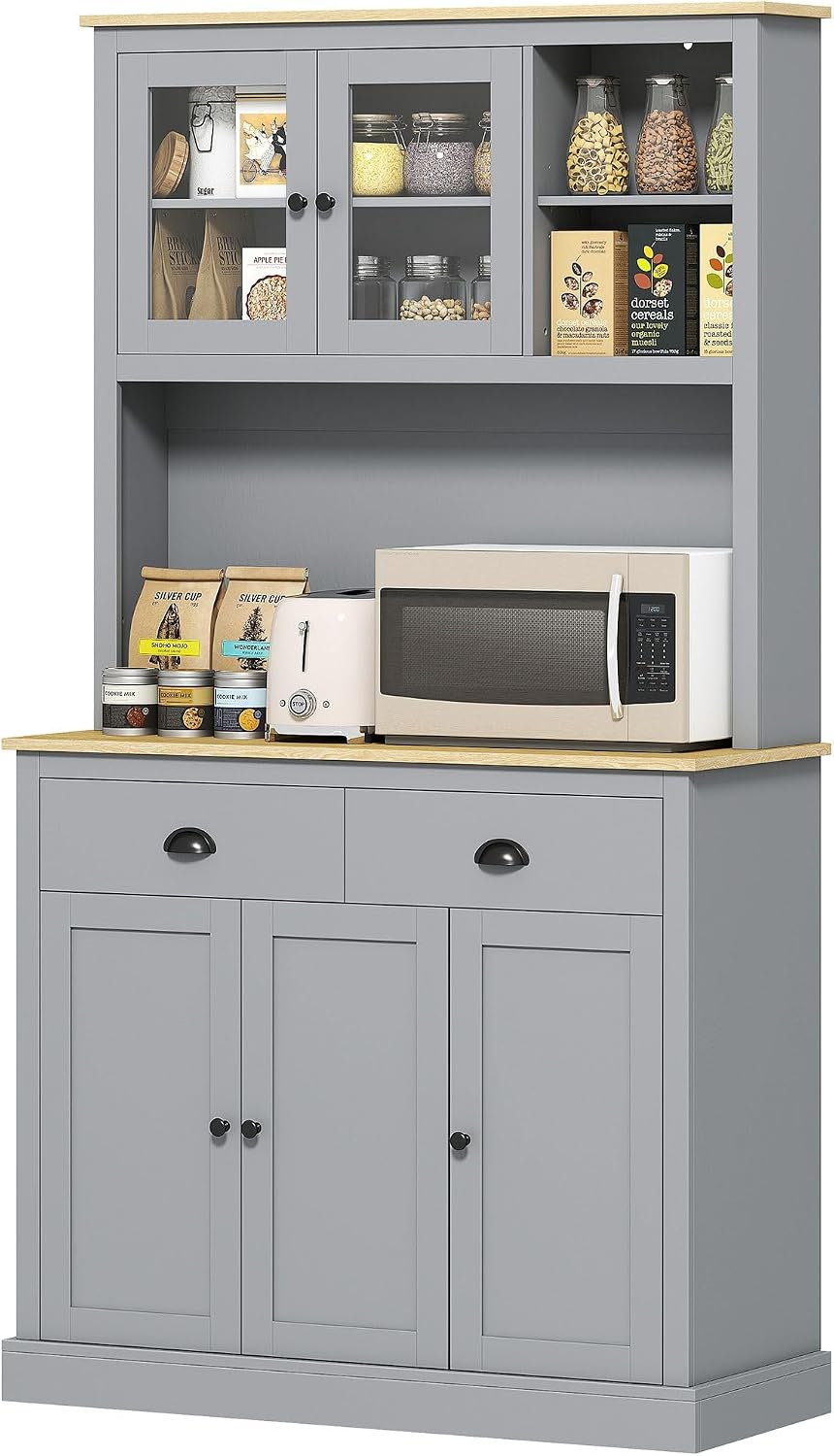 71-inch Modern freestanding Pantry Cabinet, Four Adjustable Shelves at Three Heights, Wide Counter Cable Hole, Gray Yellow Oak