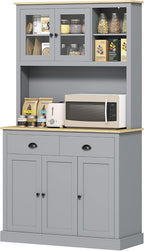 71-inch Modern freestanding Pantry Cabinet, Four Adjustable Shelves at Three Heights, Wide Counter Cable Hole, Gray Yellow Oak