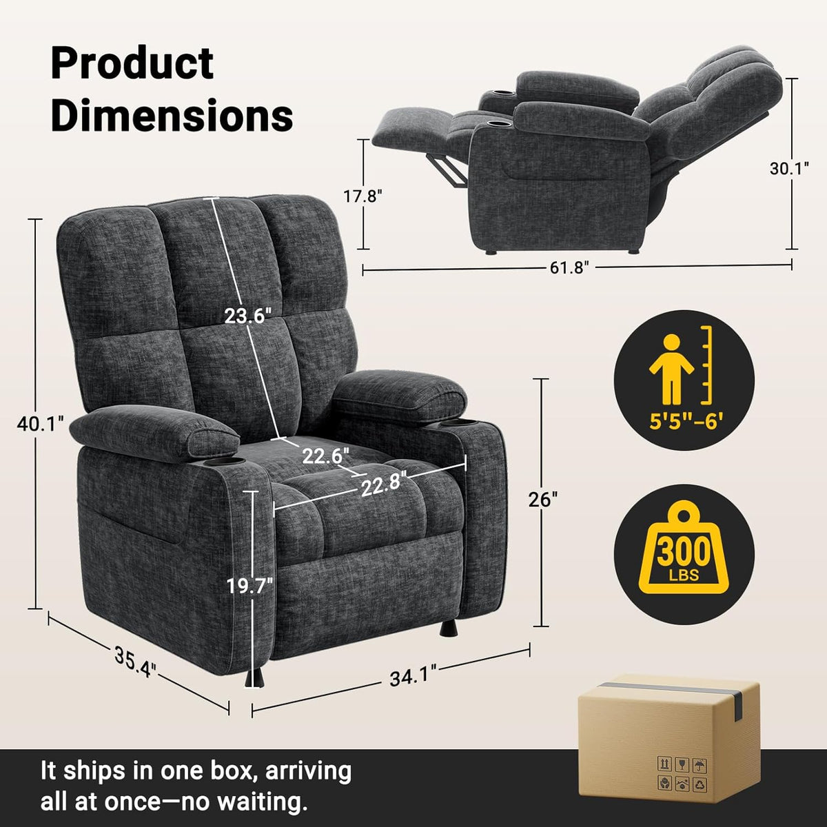 AMADA HOMEFURNISHING Power Recliner Chair for Adults, One-Touch Synchronized Electric Recliner with USB Ports, Cup Holder & Side Pockets, Thick Seat Cushion, Chenille, Living Room & Bedroom