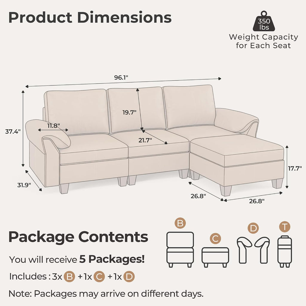 SITJOY Faux Leather Modular Sectional Sofa with Storage, Mid Century Modern Sectional Couches for Living Room, 11.8" Wide Armrests, 96" Wide 3 Seater L Shaped Couch with Chaise, Brown