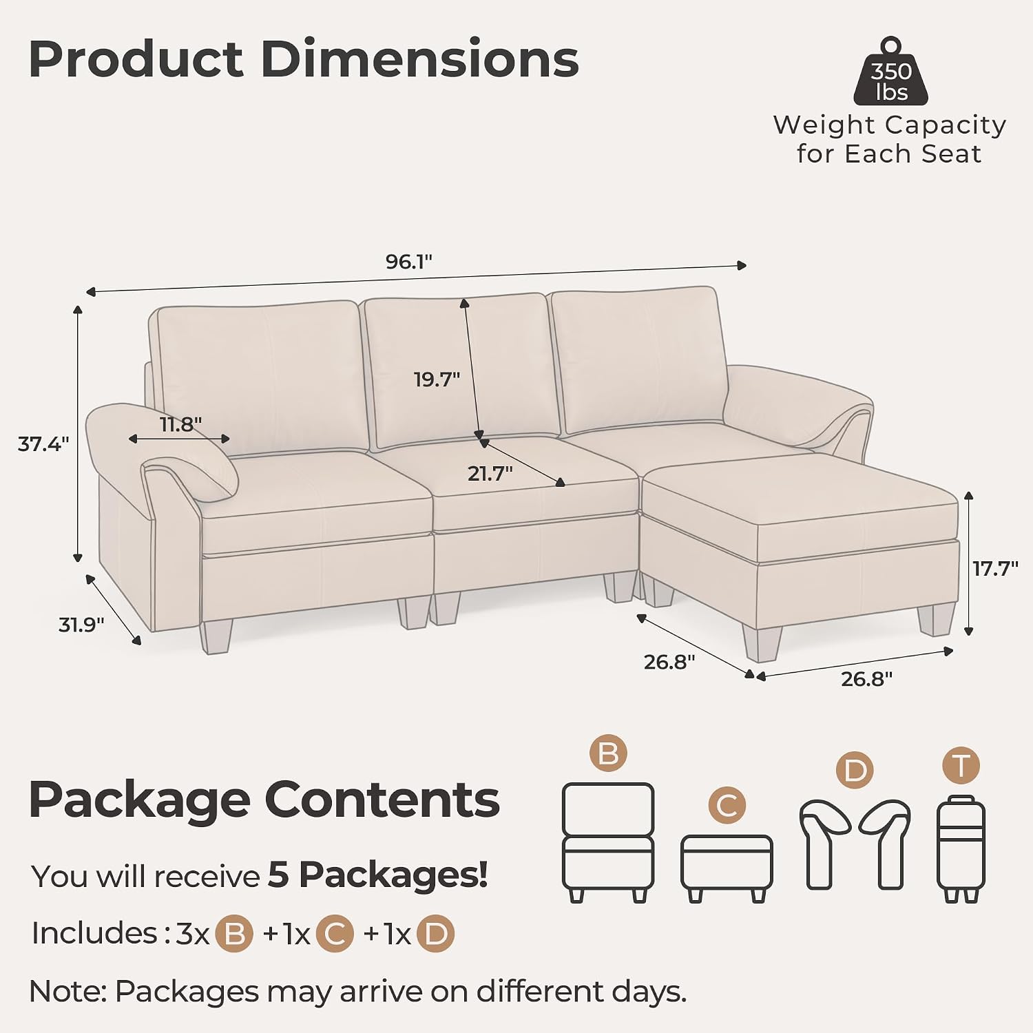 SITJOY Faux Leather Modular Sectional Sofa with Storage, Mid Century Modern Sectional Couches for Living Room, 11.8" Wide Armrests, 96" Wide 3 Seater L Shaped Couch with Chaise, Brown
