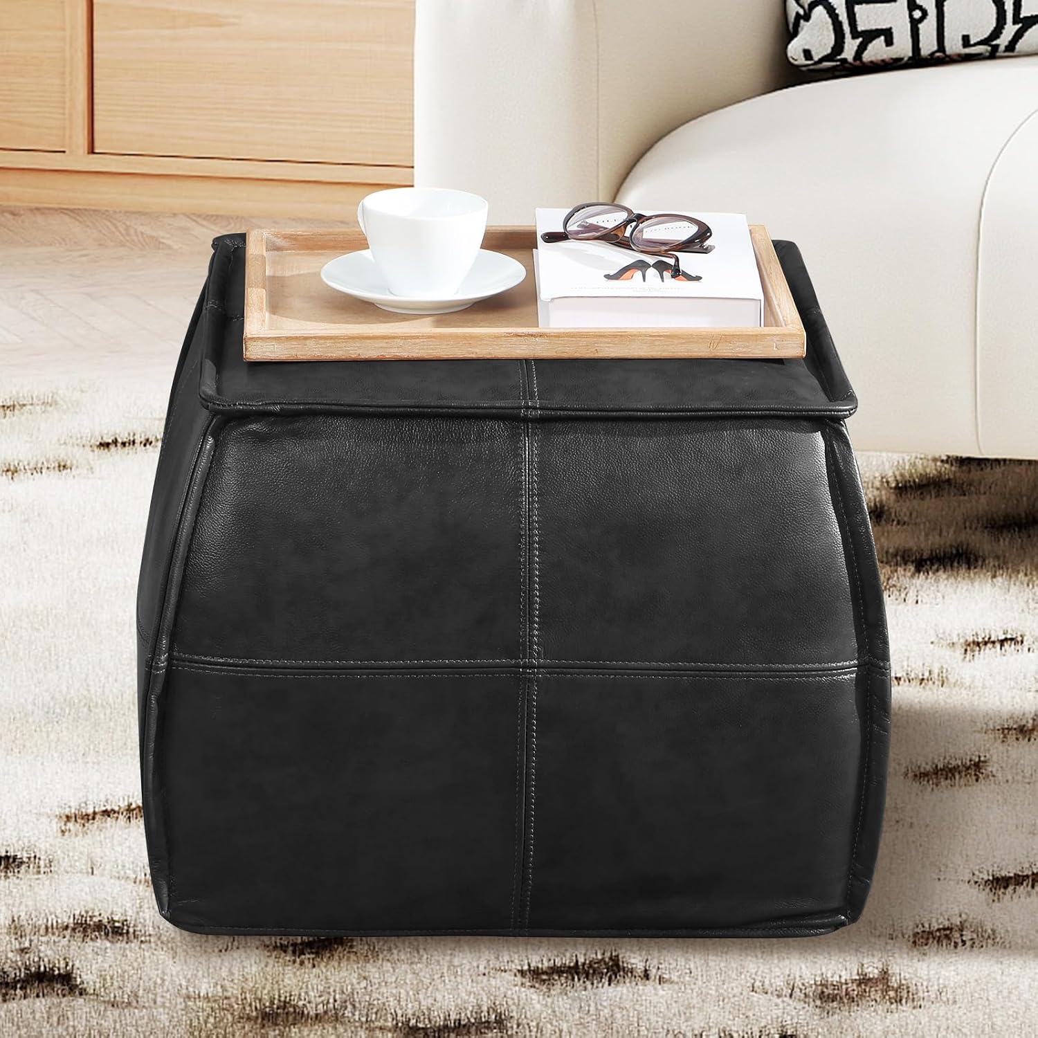 Couchus Genuine Leather Ottoman, Square Pouf Footstool (Square, Black)