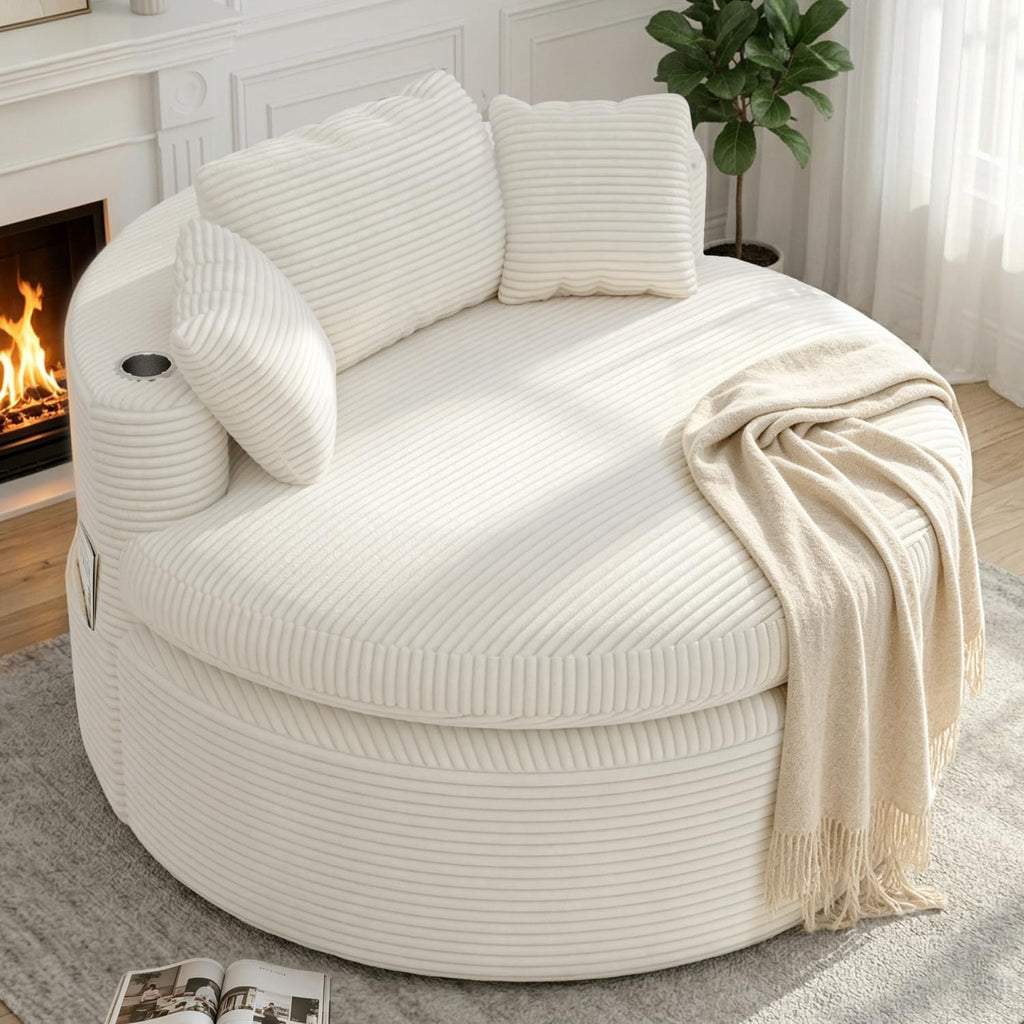 Oversized Round Chair Lounge Chaise Indoor, 58'' Modern Upholstered Corduroy Deep Seat Cloud Sofa Bed, No Assembly Required Floor Chair with 3 Pillows for Living Room, Bedroom, Reading, Beige