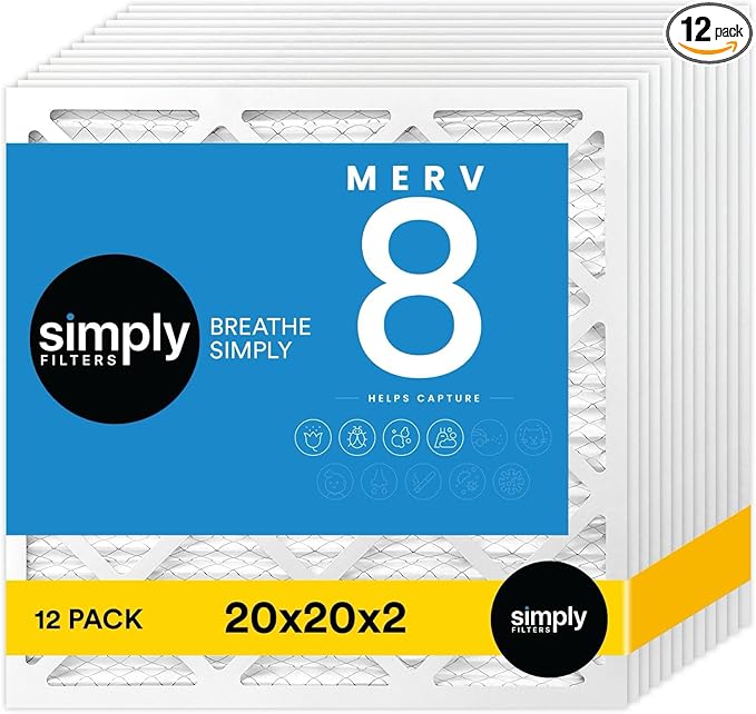 Simply 20x20x2 Air Filter, MERV 8, 12 Pack, Furnace Air Filter for HVAC (Actual Size:19.5"x19.5"x1.75") DUST, Pet, & Allergy Control
