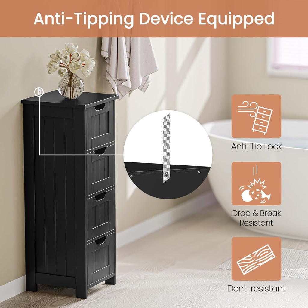 Bathroom Floor Storage Cabinet, Freestanding Wooden Side Organizer w/4 Drawers & Anti-Tip Kit for Bathroom Living Room Hallway Office Study, Black